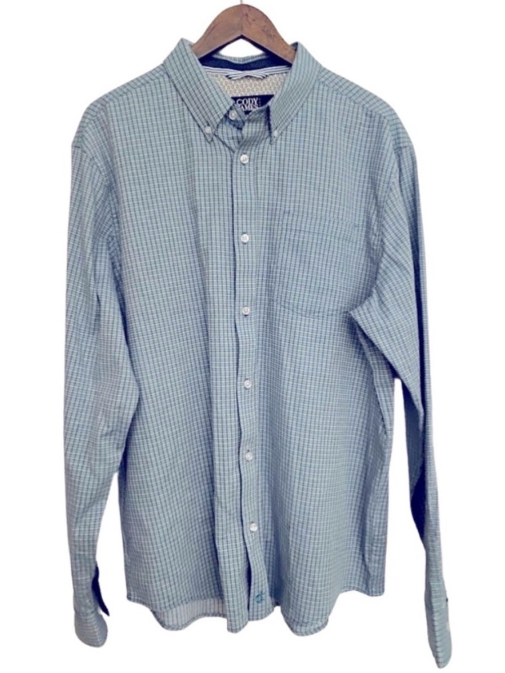 Men’s Long Sleeve Blue & White Plaid Button Up Shirt